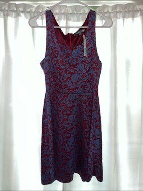 Brixon Ivy Burgundy and Blue Floral Jacquard Mini Dress